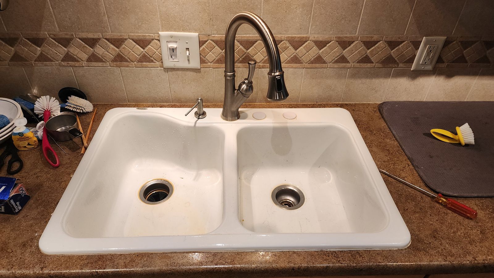 White Double-Bowl Drop-In Kitchen Sink with Brushed Nickel Pull-Down Faucet