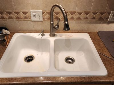 White Double-Bowl Drop-In Kitchen Sink with Brushed Nickel Pull-Down Faucet