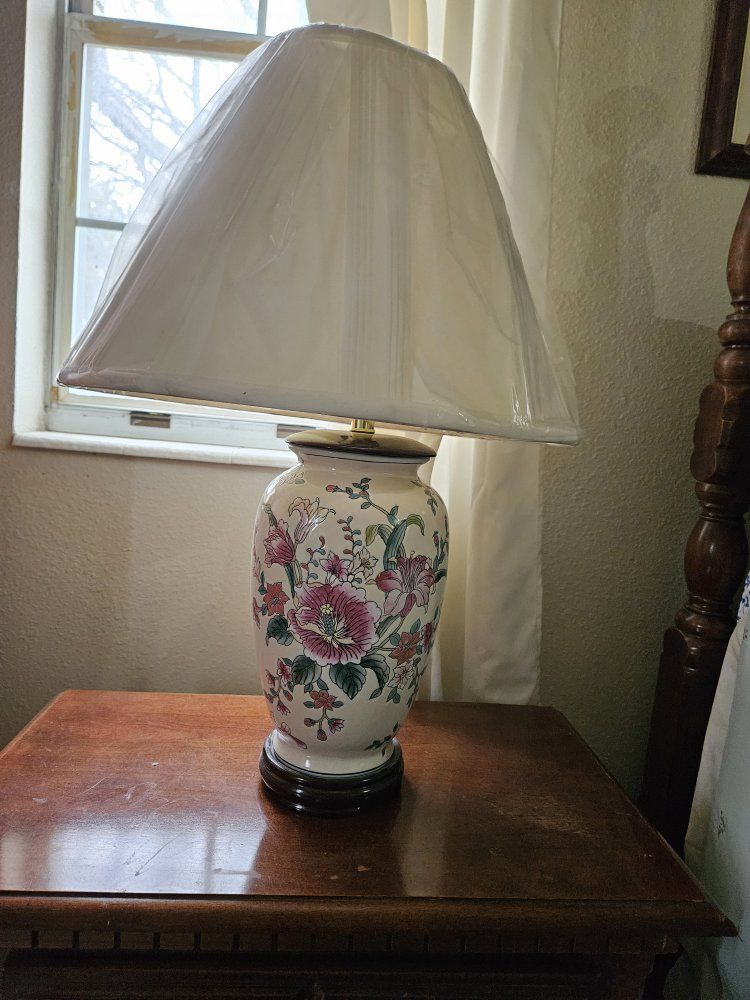 2 Ceramic Floral Table Lamp with White Shade - Cream, Pink & Green, Works Great!