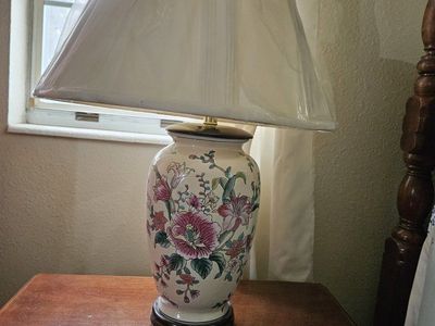 2 Ceramic Floral Table Lamp with White Shade - Cream, Pink & Green, Works Great!
