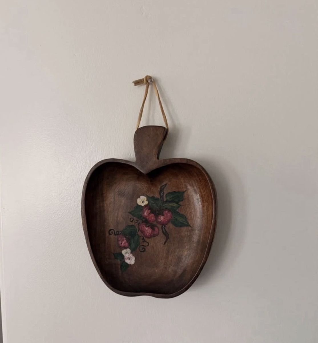 Vintage Hand-Carved Wooden Apple Shaped Bowl with Hand-Painted Fruit Decor (Set of 2)