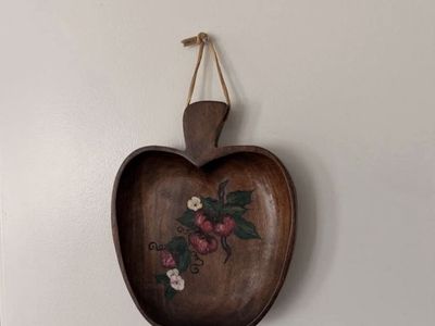 Vintage Hand-Carved Wooden Apple Shaped Bowl with Hand-Painted Fruit Decor (Set of 2)