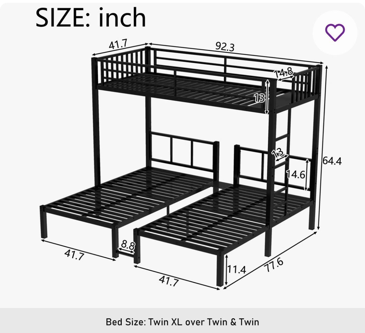 Black Metal Triple Bunk Bed - Twin XL Over Twin & Twin - Space-Saving Design
