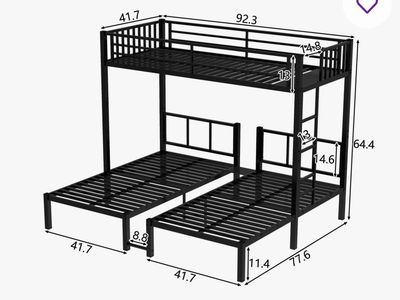 Black Metal Triple Bunk Bed - Twin XL Over Twin & Twin - Space-Saving Design
