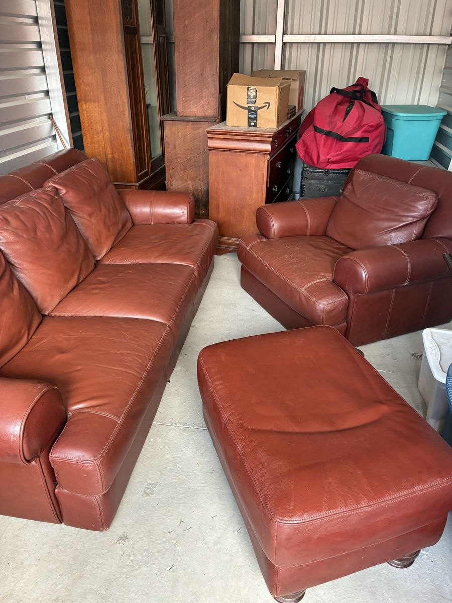 Brown Leather Sofa, Armchair, and Ottoman