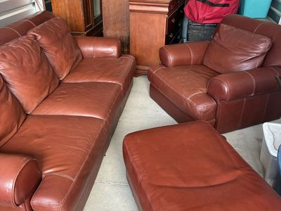 Brown Leather Sofa, Armchair, and Ottoman