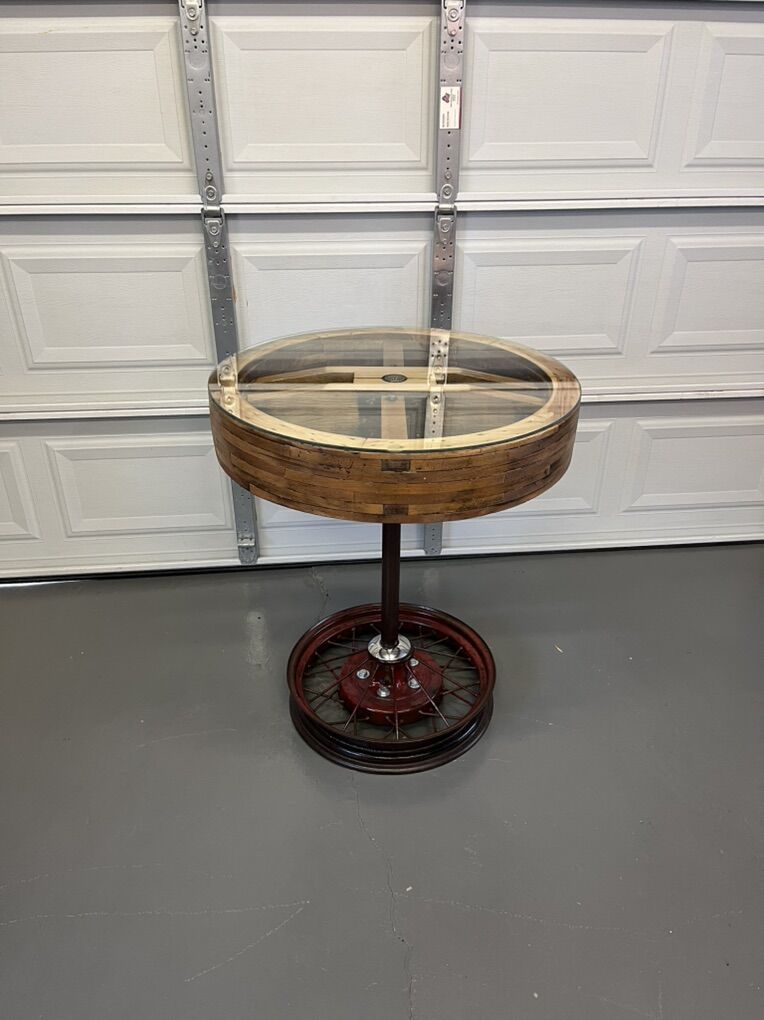 Vintage Wood Flat Belt Pulley Wheel Table