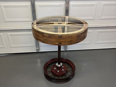 Vintage Wood Flat Belt Pulley Wheel Table