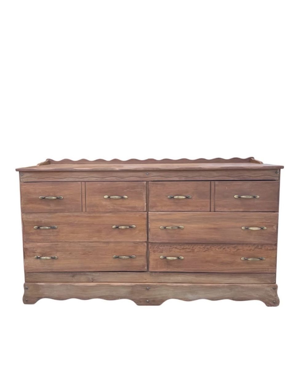 Vintage Wooden Dresser, 62" Wide with 8 Drawers and Scalloped Edge Detail
