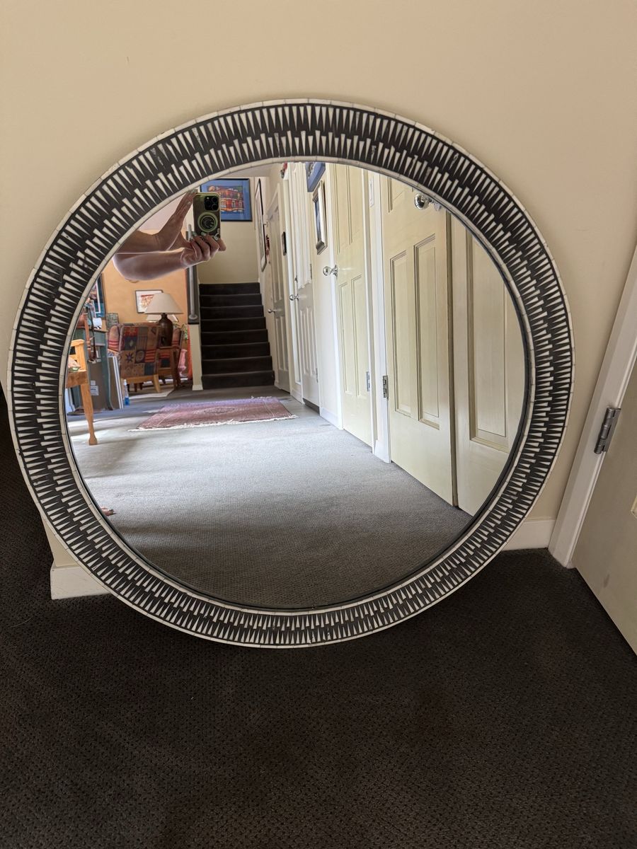 Aditya Handicrafts 35" Round Bone Inlay Mirror, Black & White Geometric Sunburst Design