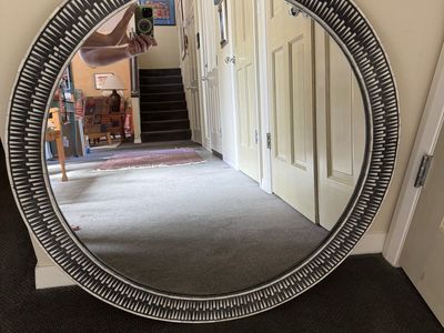 Aditya Handicrafts 35" Round Bone Inlay Mirror, Black & White Geometric Sunburst Design