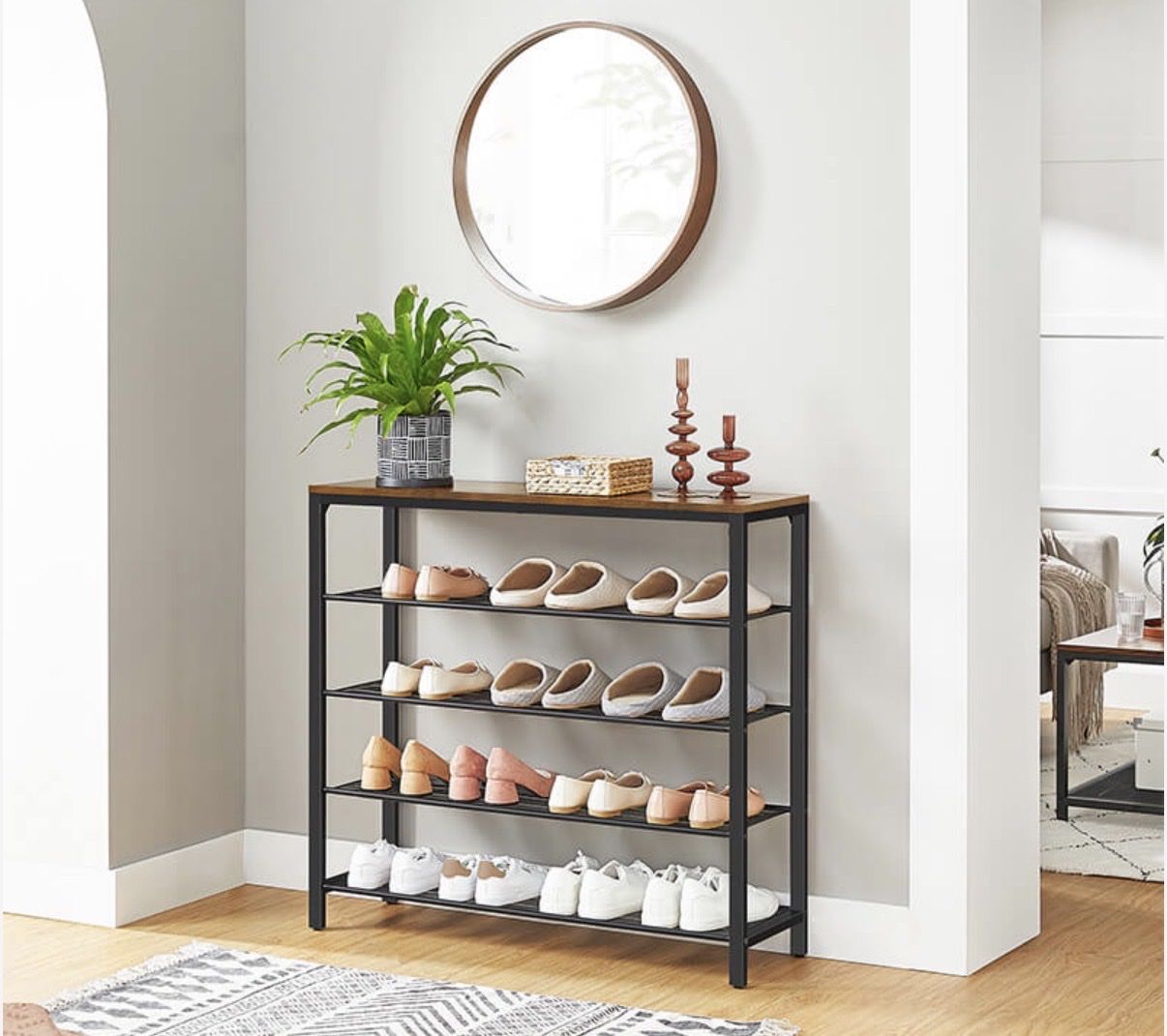 VASAGLE Industrial 5-Tier Shoe Rack / Entryway Organizer - Wood Top & Metal Shelves, New
