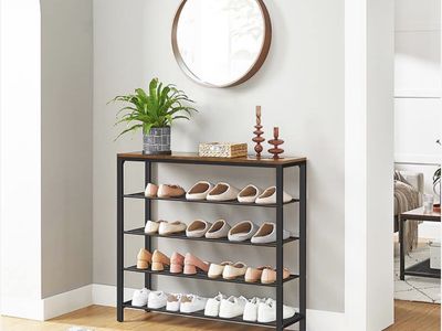 VASAGLE Industrial 5-Tier Shoe Rack / Entryway Organizer - Wood Top & Metal Shelves, New