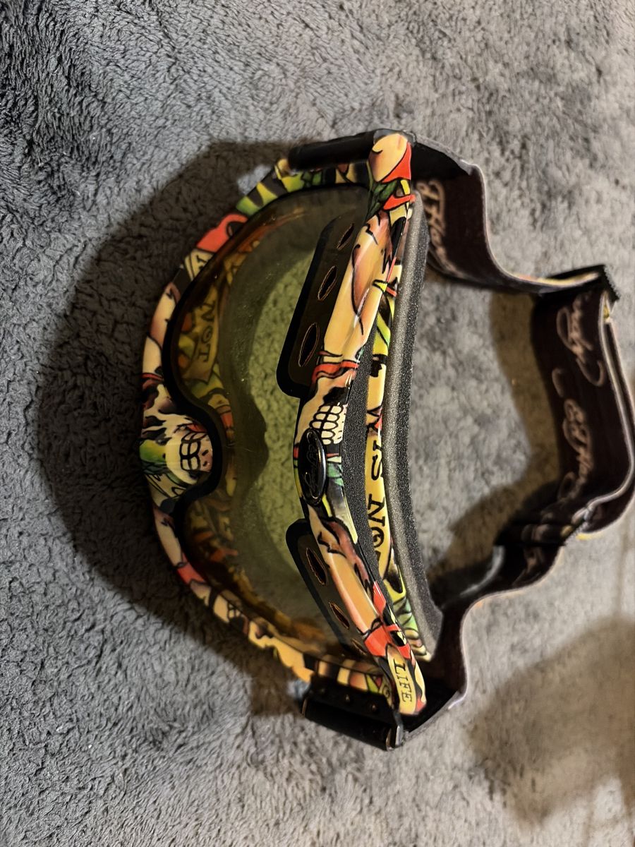 Ed Hardy Ski/Snowboard Goggles - Tattoo Art Design, Adjustable Strap, Yellow Lenses