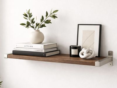 Modern Walnut Effect Shelf with Nickel Brackets