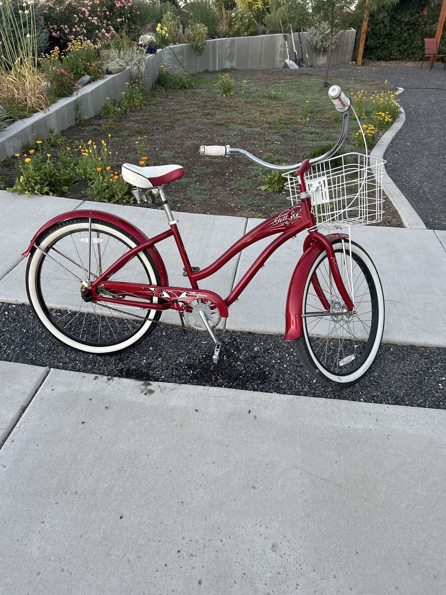 Red Felt Bixby Cruiser Bike with Basket - Women's, Single Speed, White Wall Tires