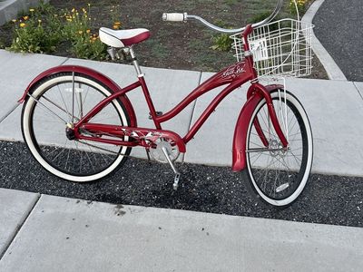 Red Felt Bixby Cruiser Bike with Basket - Women's, Single Speed, White Wall Tires