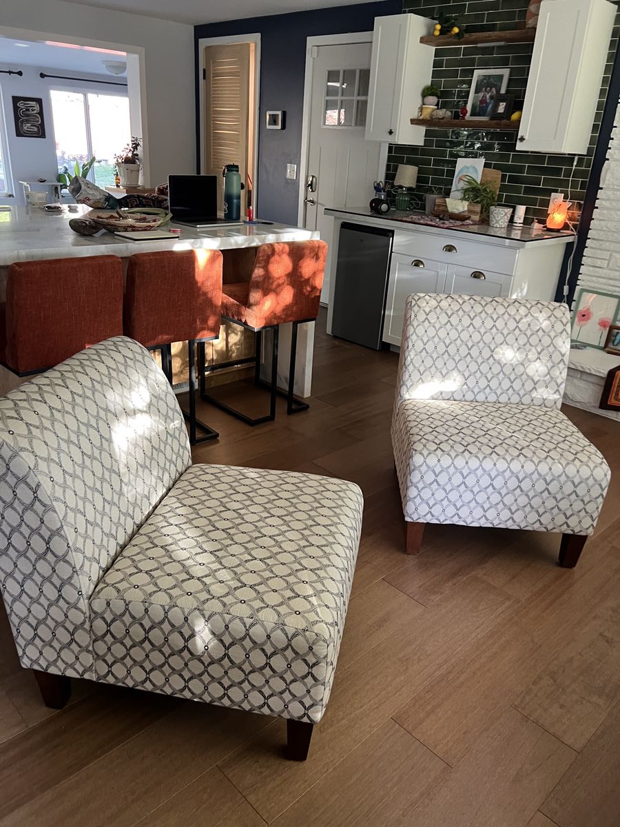 Pair of Patterned Armless Accent Chairs - White & Gray Geometric Print
