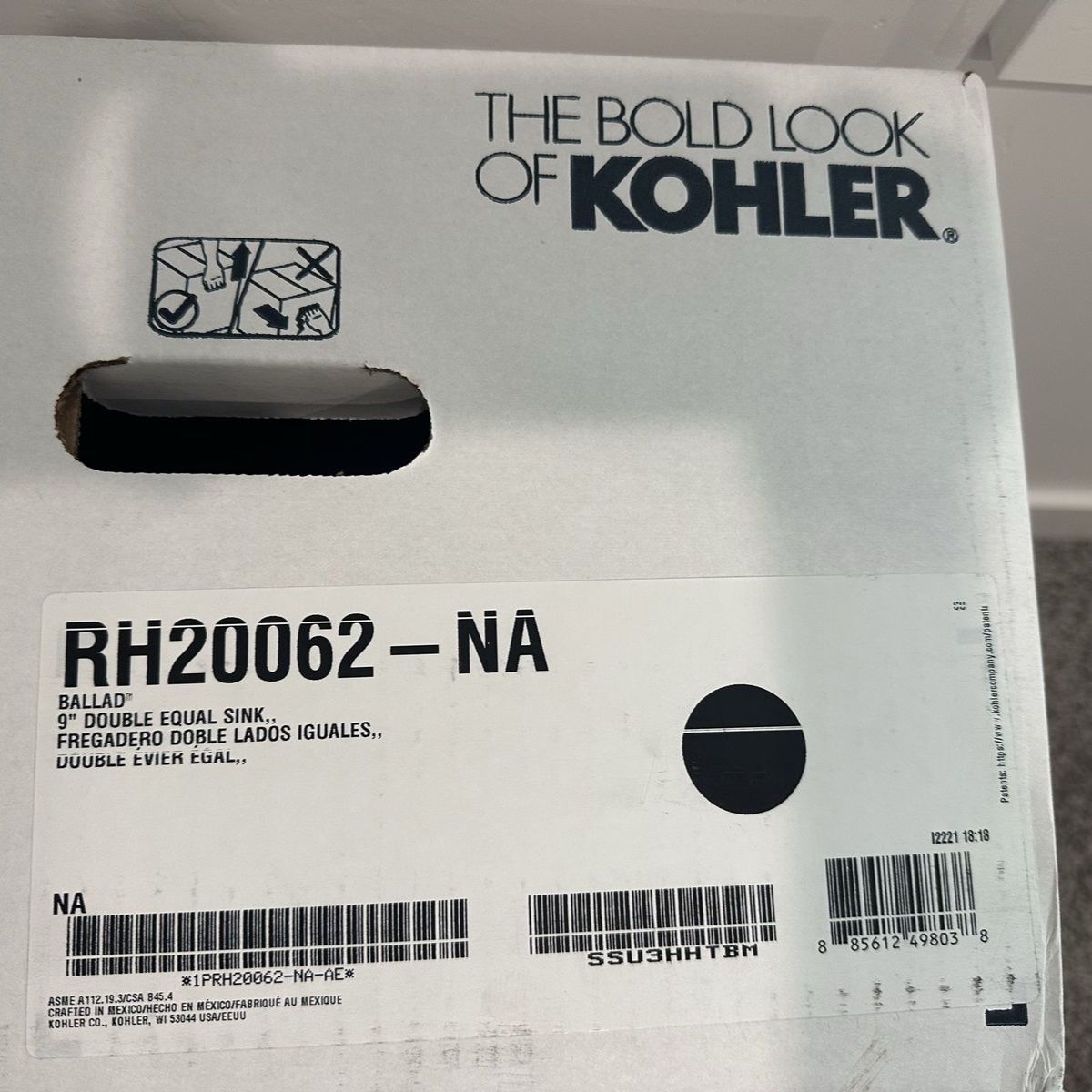 New in box. Kohler Ballad Under-Mount Kitchen Sink 18 Gauge Stainless Steel RH20062-NA