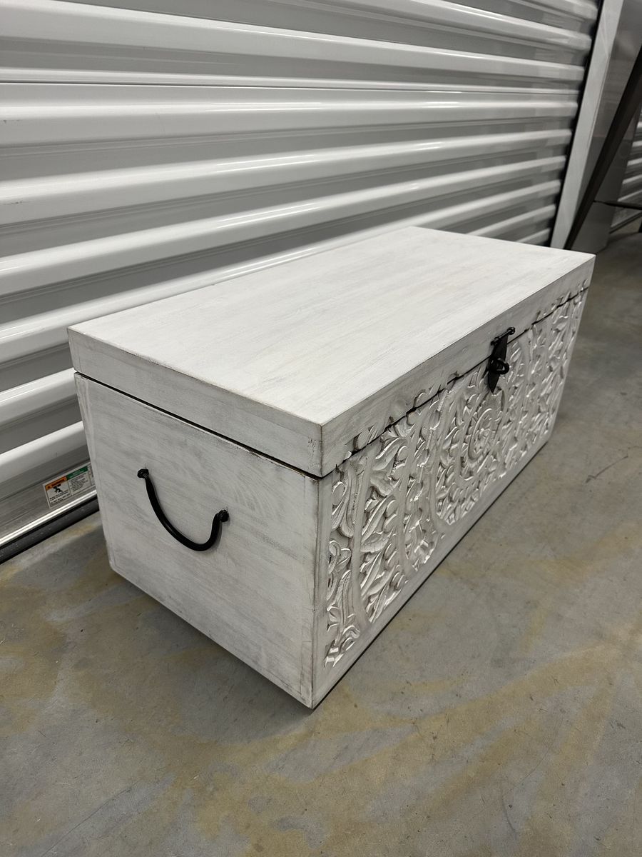 White Carved Wood Storage Trunk / Coffee Table Chest (large)