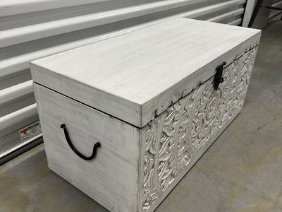 White Carved Wood Storage Trunk / Coffee Table Chest (large)