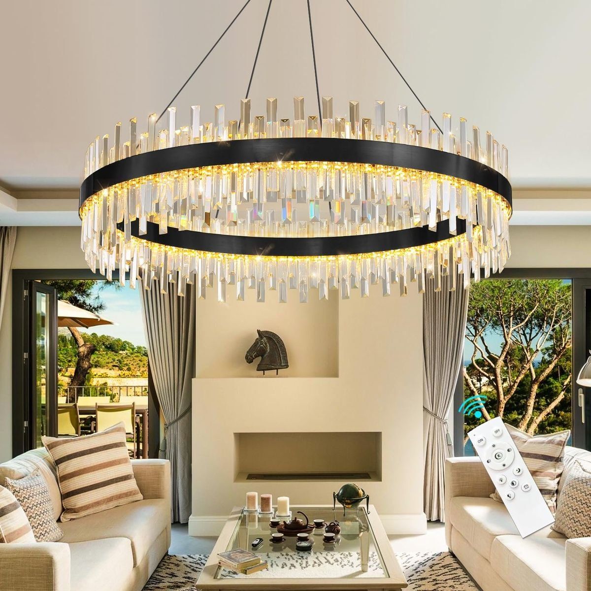 Flush Ceiling Mount Chandelier, 32" Dimmable LED, 90W 7200lm, Adjustable Height, Crystal Modern Light