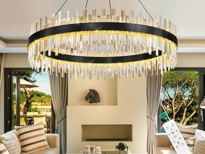 Flush Ceiling Mount Chandelier, 32" Dimmable LED, 90W 7200lm, Adjustable Height, Crystal Modern Light