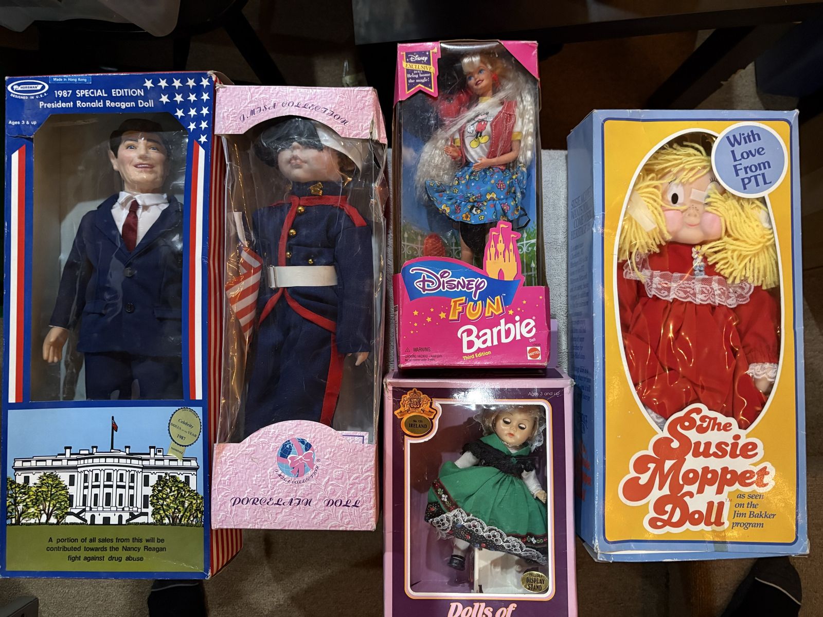 Vintage Dolls: President Ronald Reagan, Porcelain Marine, Susie Moppet, Disney Barbie, Dolls of All Nations