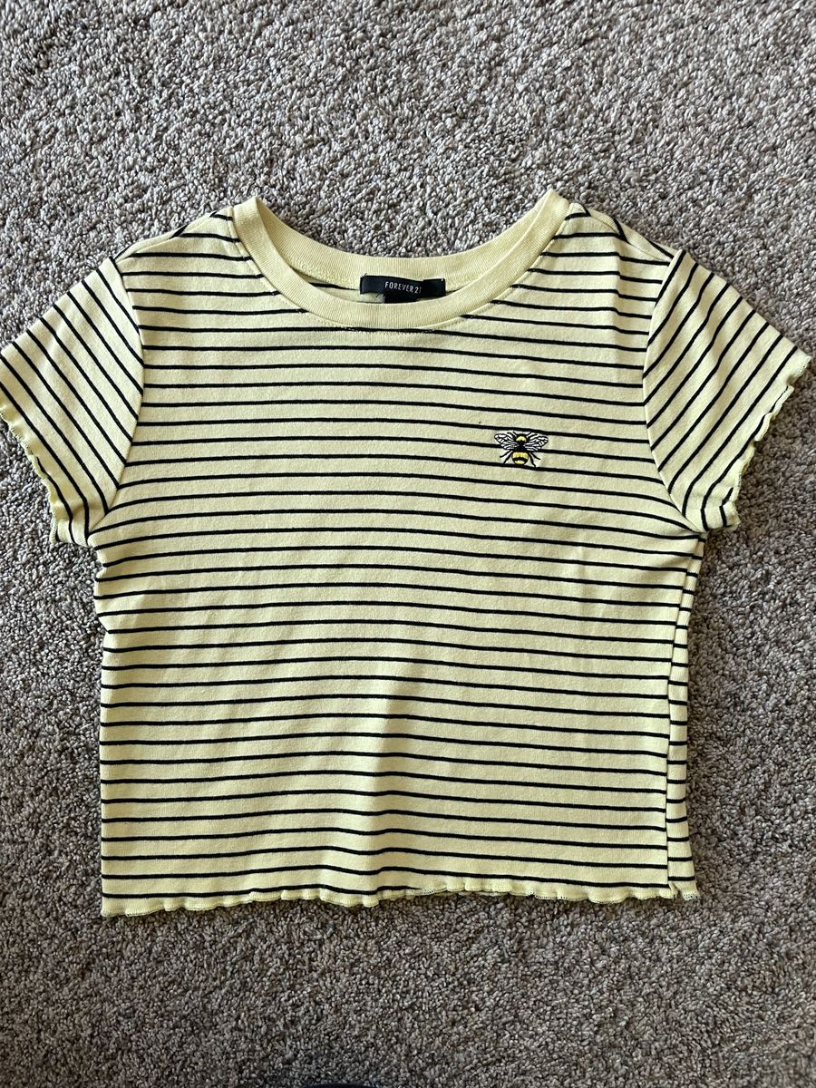Forever 21 Yellow Striped Crop Top, Size Small, with Embroidered Bee Detail
