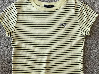 Forever 21 Yellow Striped Crop Top, Size Small, with Embroidered Bee Detail