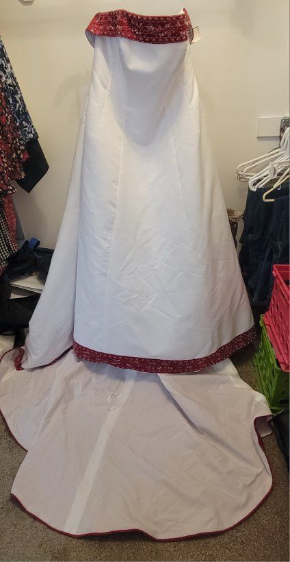 White & Red Beaded Strapless Wedding Dress, Size 20W, with Train