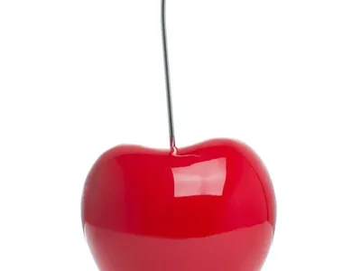 Finesse Decor Modern Polished 25" Bright Red Cherry Sculpture with Stainless Steel Stem, Resin