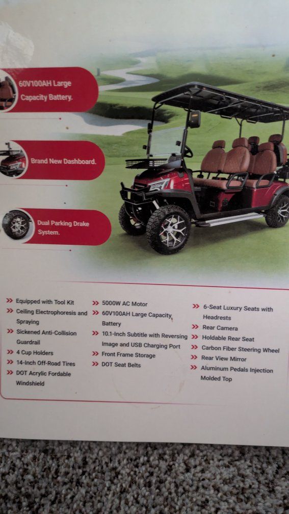 Red 6-Seat Electric Golf Cart with 60V100AH Battery, 14-inch Off-Road Tires, and 10.1-inch Display