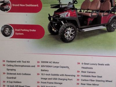 Red 6-Seat Electric Golf Cart with 60V100AH Battery, 14-inch Off-Road Tires, and 10.1-inch Display