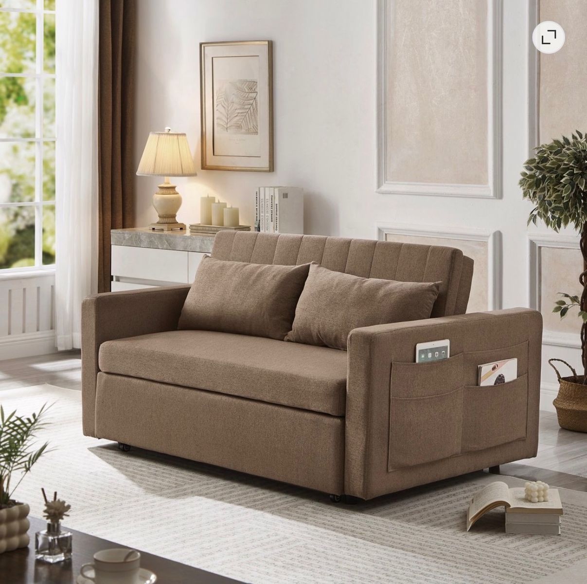 Brown Convertible Sofa Bed with Pull-Out Sleeper and Side Pockets