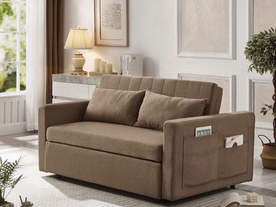 Brown Convertible Sofa Bed with Pull-Out Sleeper and Side Pockets