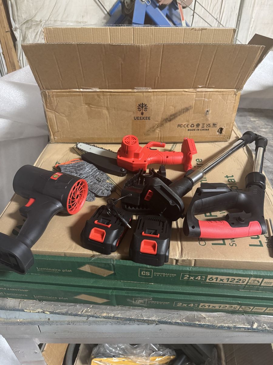 2-in-1 Cordless Pole Saw, 6-inch Mini Chainsaw & Cordless Pole and blower.