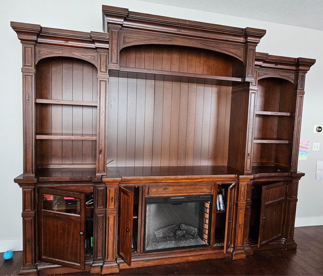 Large Wooden Entertainment Center Wall Unit with Electric Fireplace