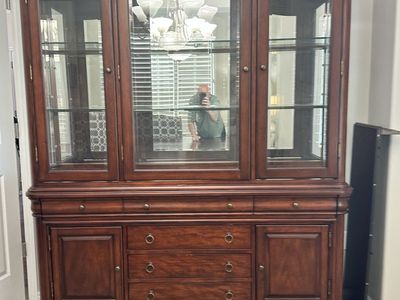 Traditional Cherry Wood China Hutch - 86" H x 64" W, Glass Shelves & Mirror Back