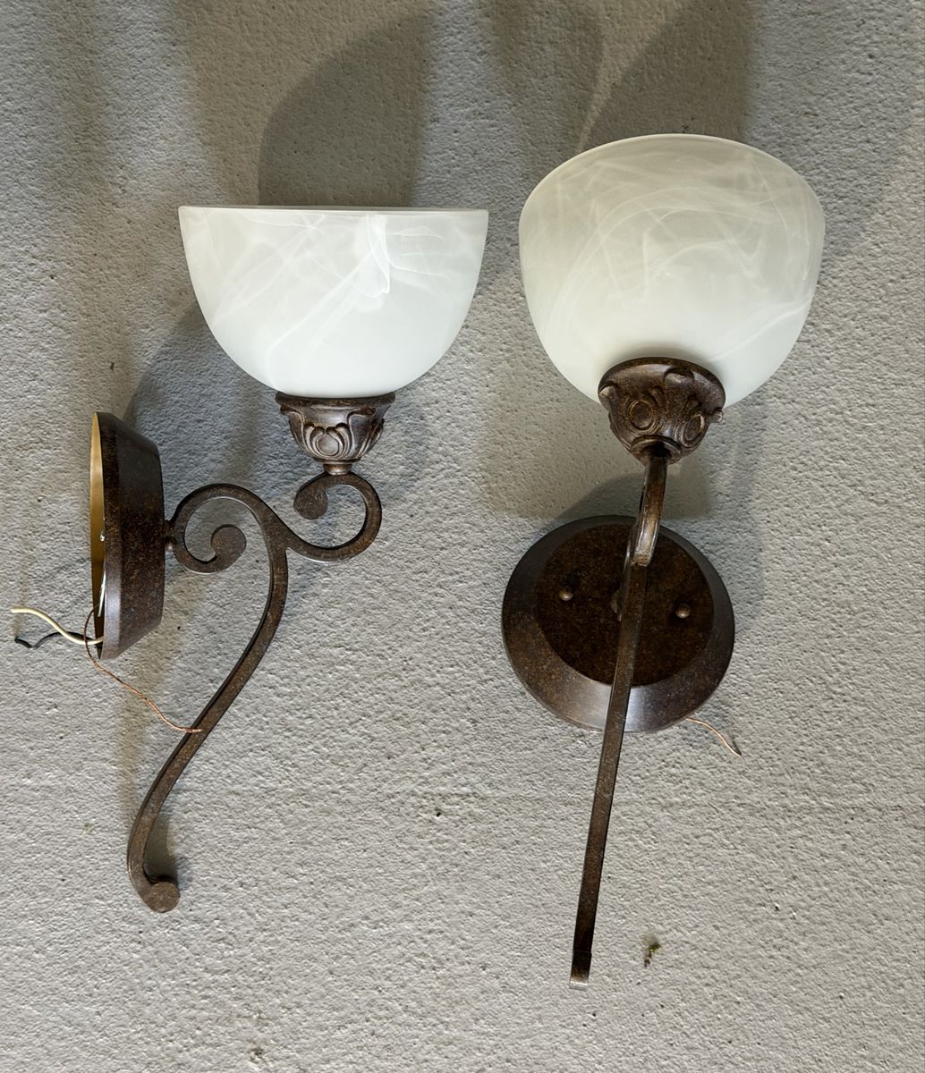 Set of 2 Bronze Finish Wall Sconces with Alabaster Glass Shades
