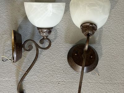 Set of 2 Bronze Finish Wall Sconces with Alabaster Glass Shades