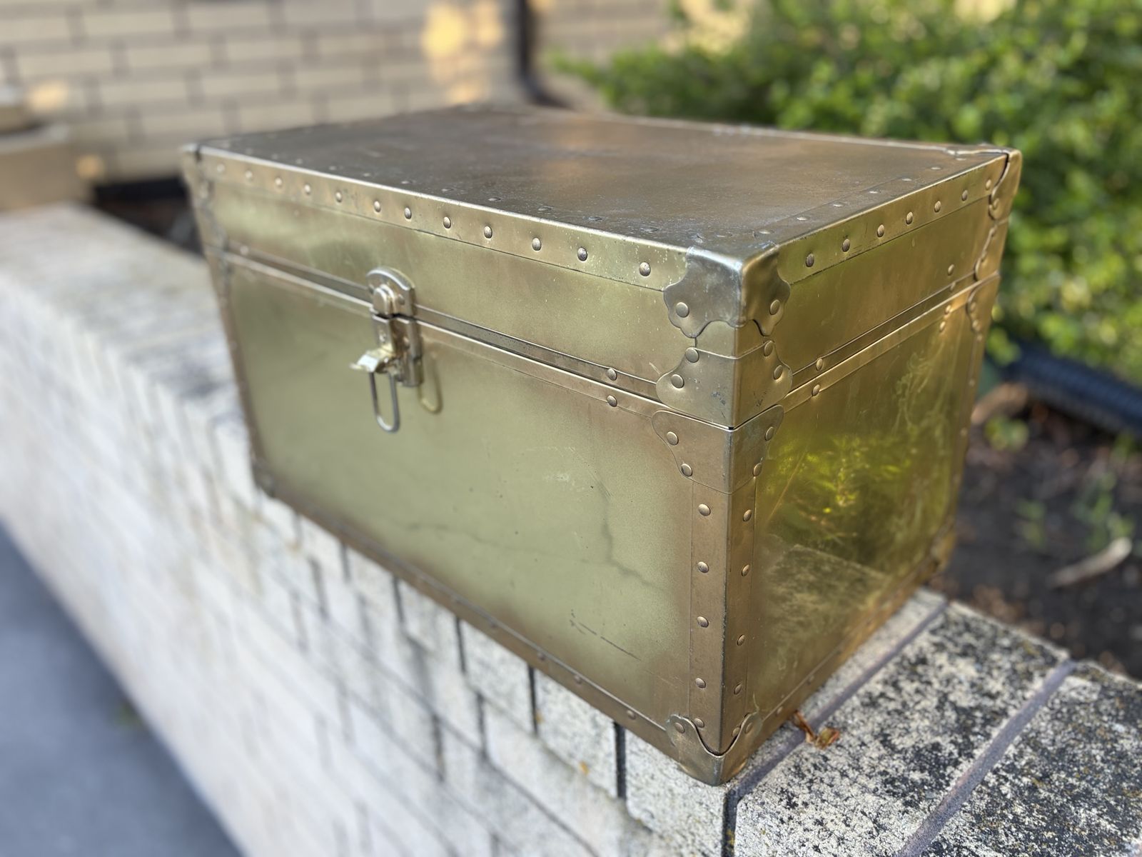 Vintage brass chest, wood lined inside, will accept legs on bottom