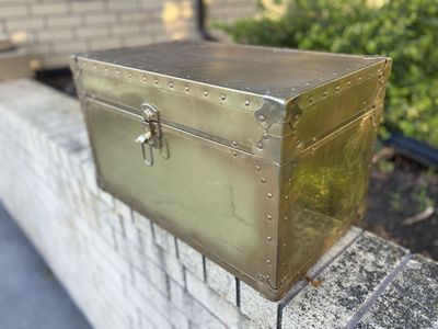 Vintage brass chest, wood lined inside, will accept legs on bottom