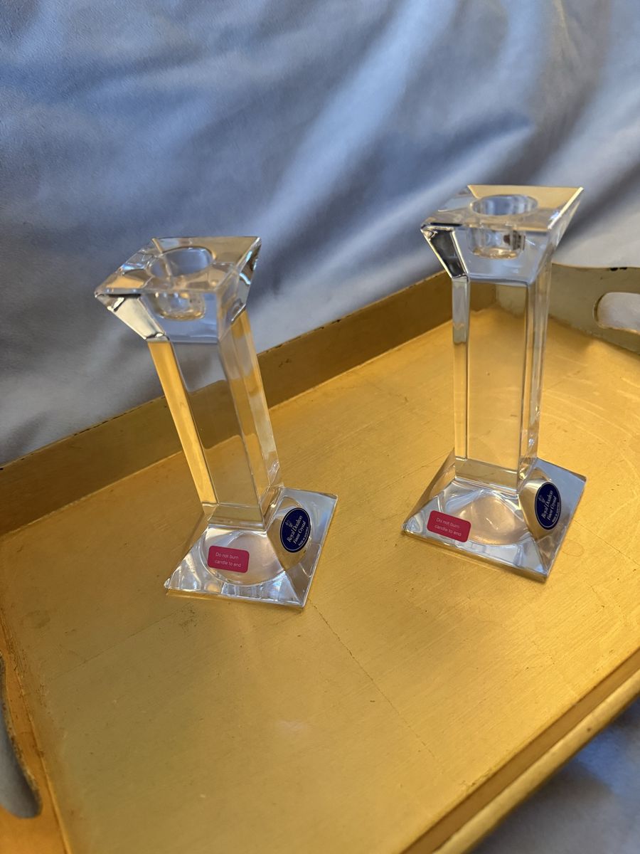 Royal Doulton Crystal Candlestick Holders Pair 6 Inch Clear Square Base