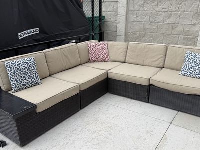 Outdoor Wicker Sectional Sofa with Tan Cushions - L-shaped Patio Furniture Set