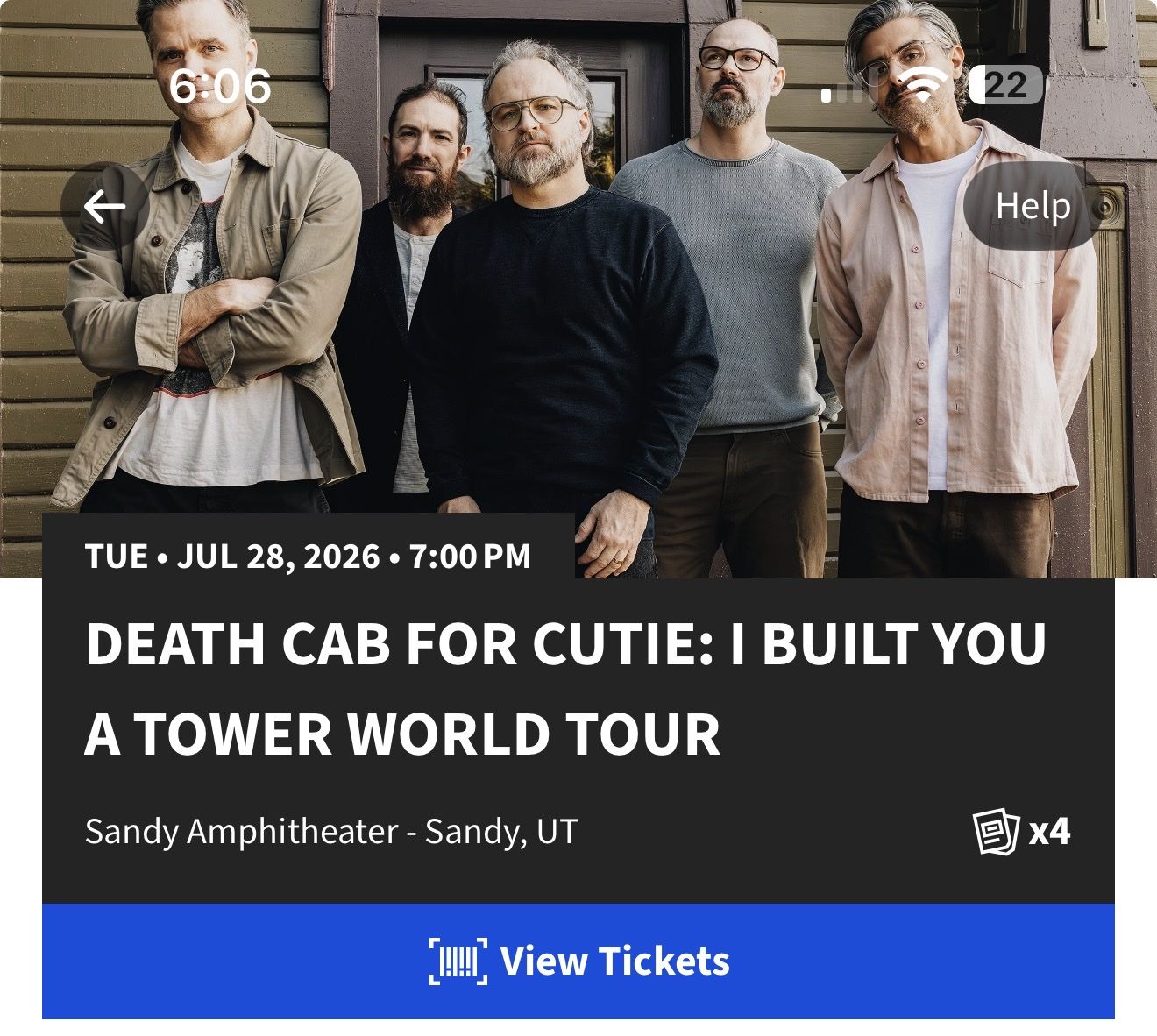 Death Cab for Cutie: I Built You a Tower World Tour - 4 Tickets, Sec 9, Row X, July 28, 2026