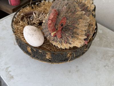 Vintage Hen on Nest Egg Basket Decorative Figurine Farmhouse Decor