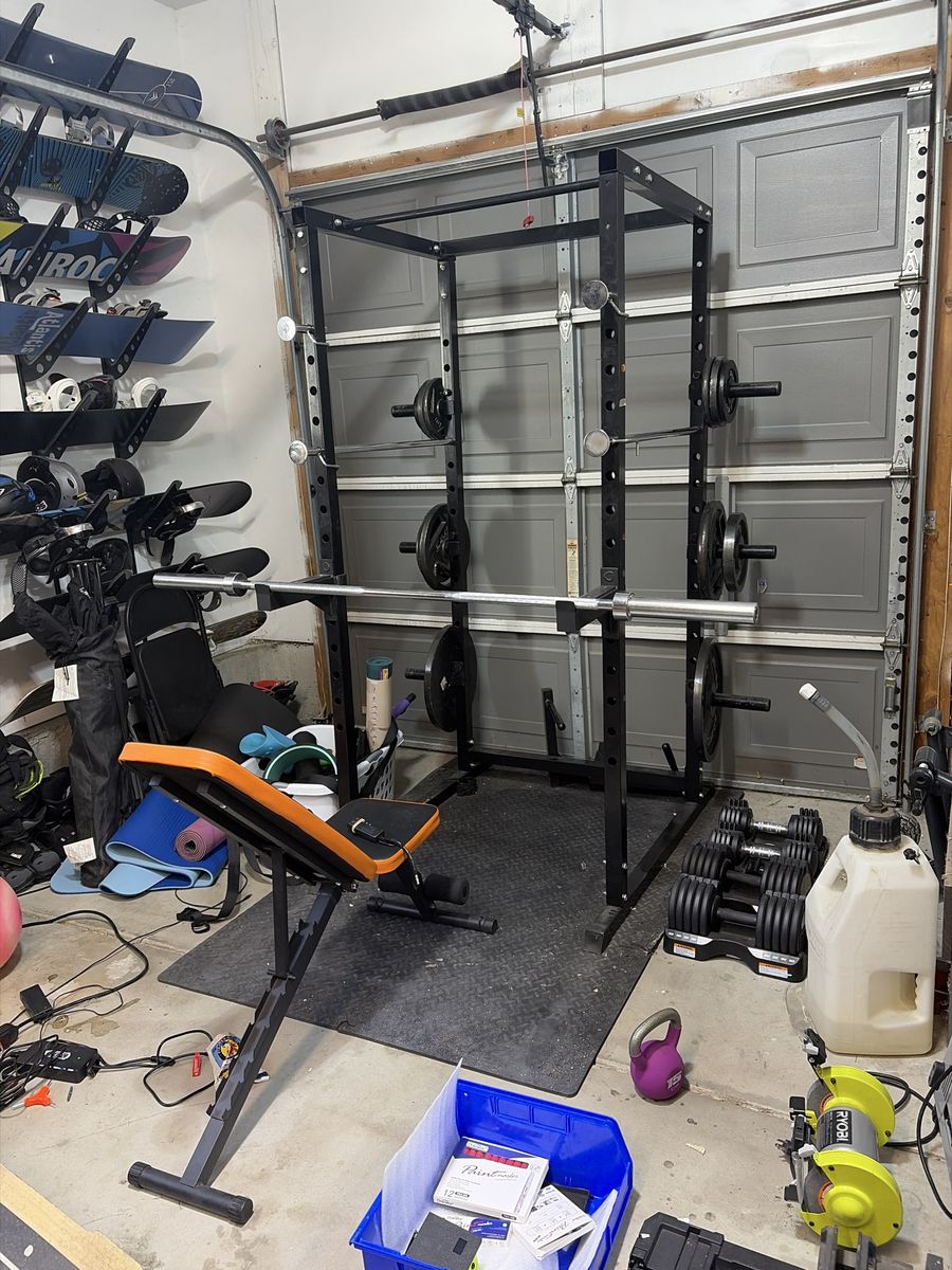 Weight bench, bar, self spot, squat rack, and weights