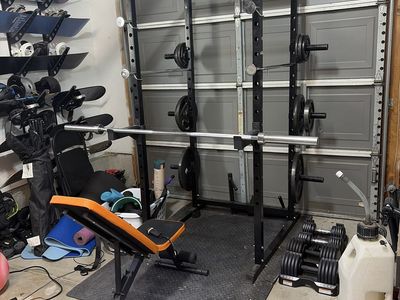 Weight bench, bar, self spot, squat rack, and weights