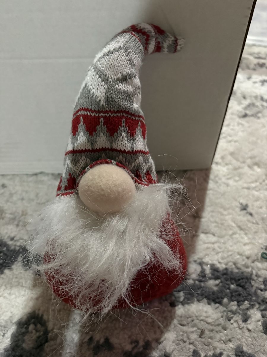 Holiday Christmas Gnome Decor with Red Grey and White Knit Hat
